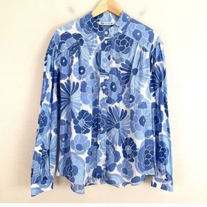 Zara Womens med.Blue Floral Balloon Sleeve Blouse Button Up Shirt Top Collarless